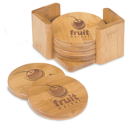 Laser Engraved Bamboo 6-Coaster Set with Holder