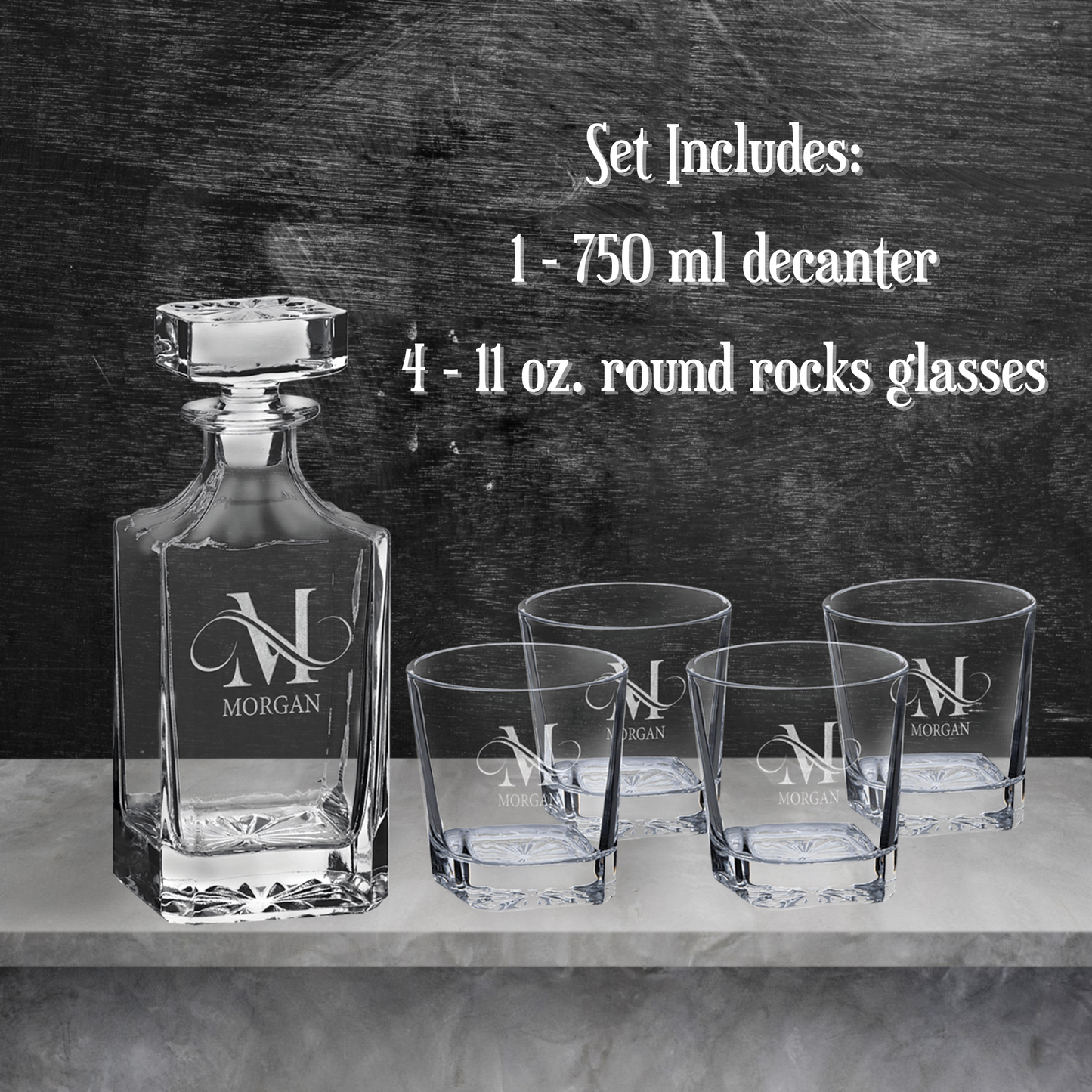 Laser Engraved Glass Decanter Set - 750, 810, 850ml Decanters and 4 Rocks Glasses