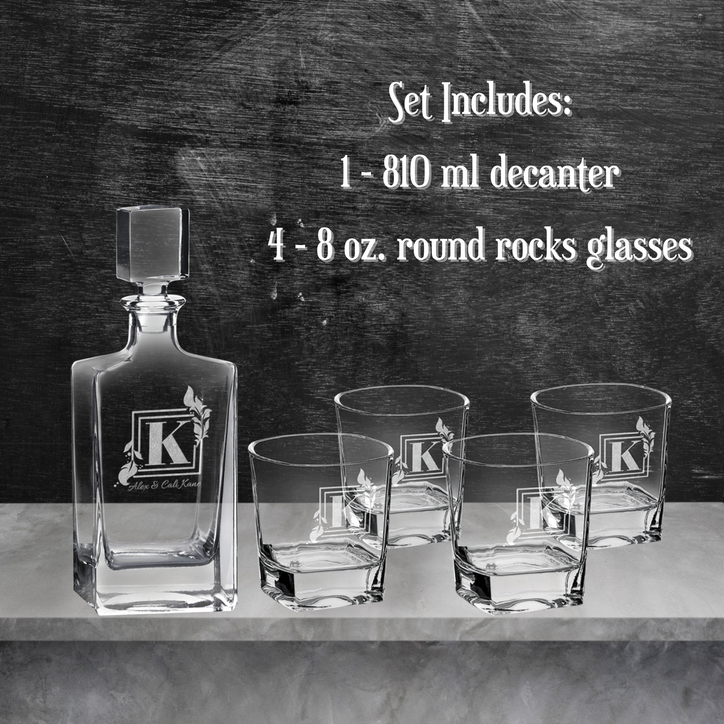 Laser Engraved Glass Decanter Set - 750, 810, 850ml Decanters and 4 Rocks Glasses