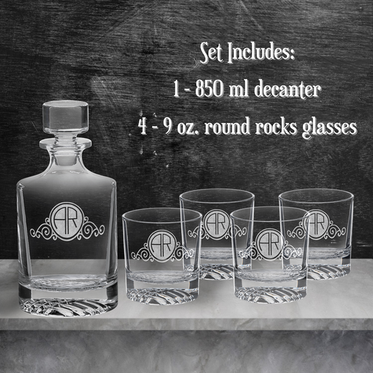 Laser Engraved Glass Decanter Set - 750, 810, 850ml Decanters and 4 Rocks Glasses