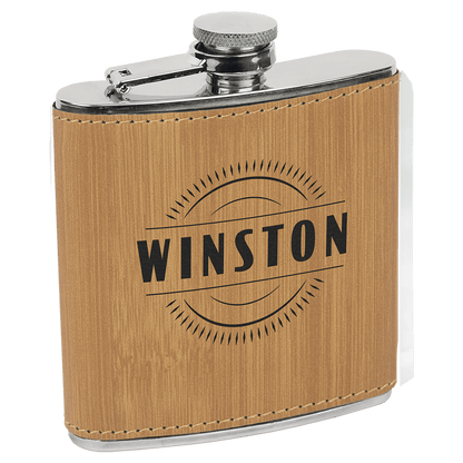 Bamboo Laserable Leatherette Stainless Steel 6 oz. Flask