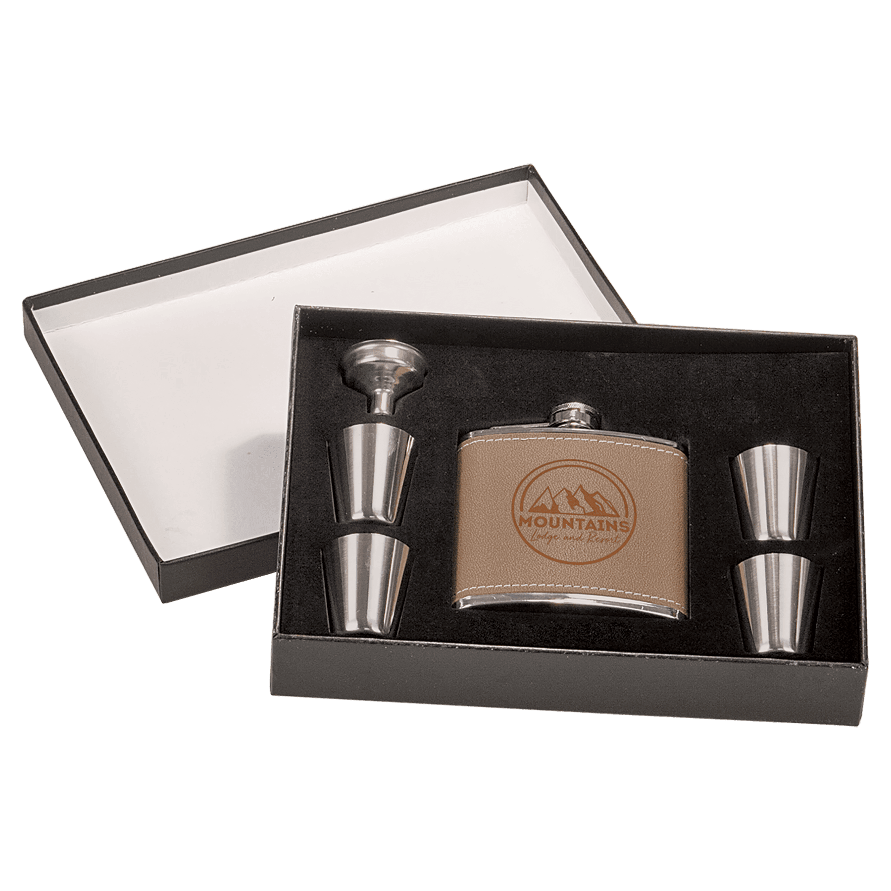 Black 6 oz. Leather Flask Set in Presentation Box