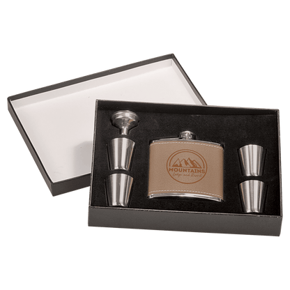 Black 6 oz. Leather Flask Set in Presentation Box