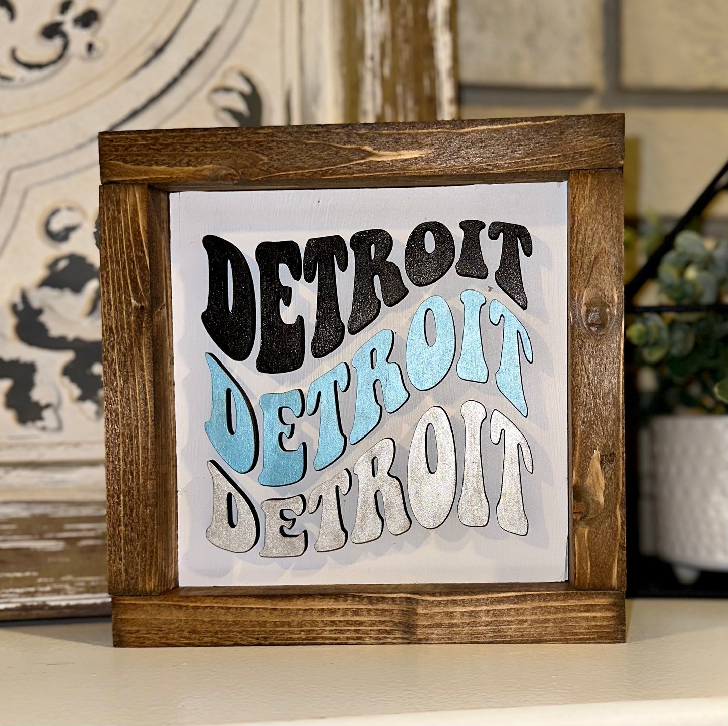 Detroit Football Wavy Wood Sign