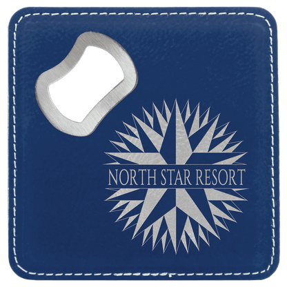Blue/Silver 4" x 4" Square Laserable Leatherette Coaster with Bottle Opener