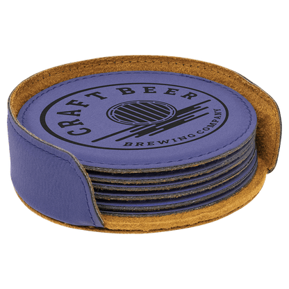 Purple 4" Round Laserable Leatherette 6-Coaster Set