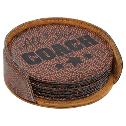 Laser Engraved Leatherette Circle Coaster Set with Holder