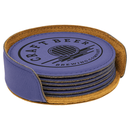 Laser Engraved Leatherette Circle Coaster Set with Holder