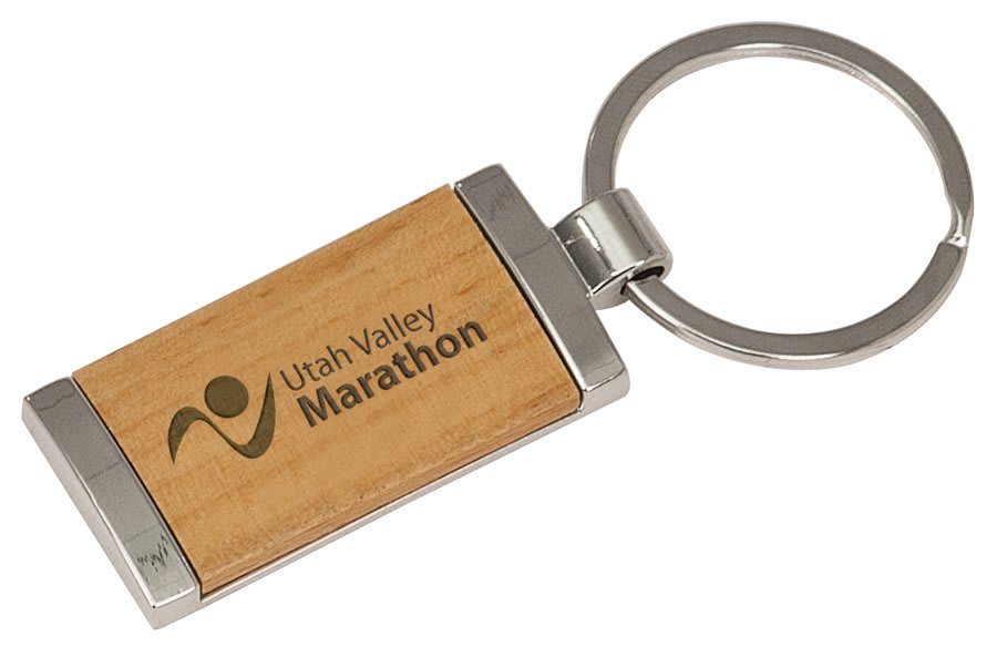7/8" x 1 7/8" Silver/Wood Laserable Rectangle Keychain