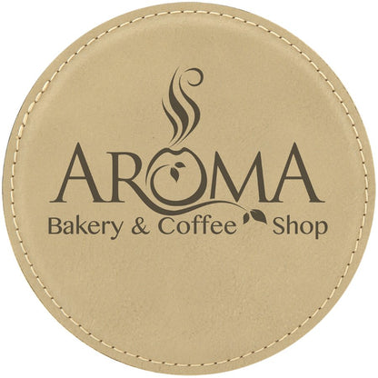Light Brown 4" Round Laserable Leatherette Coaster