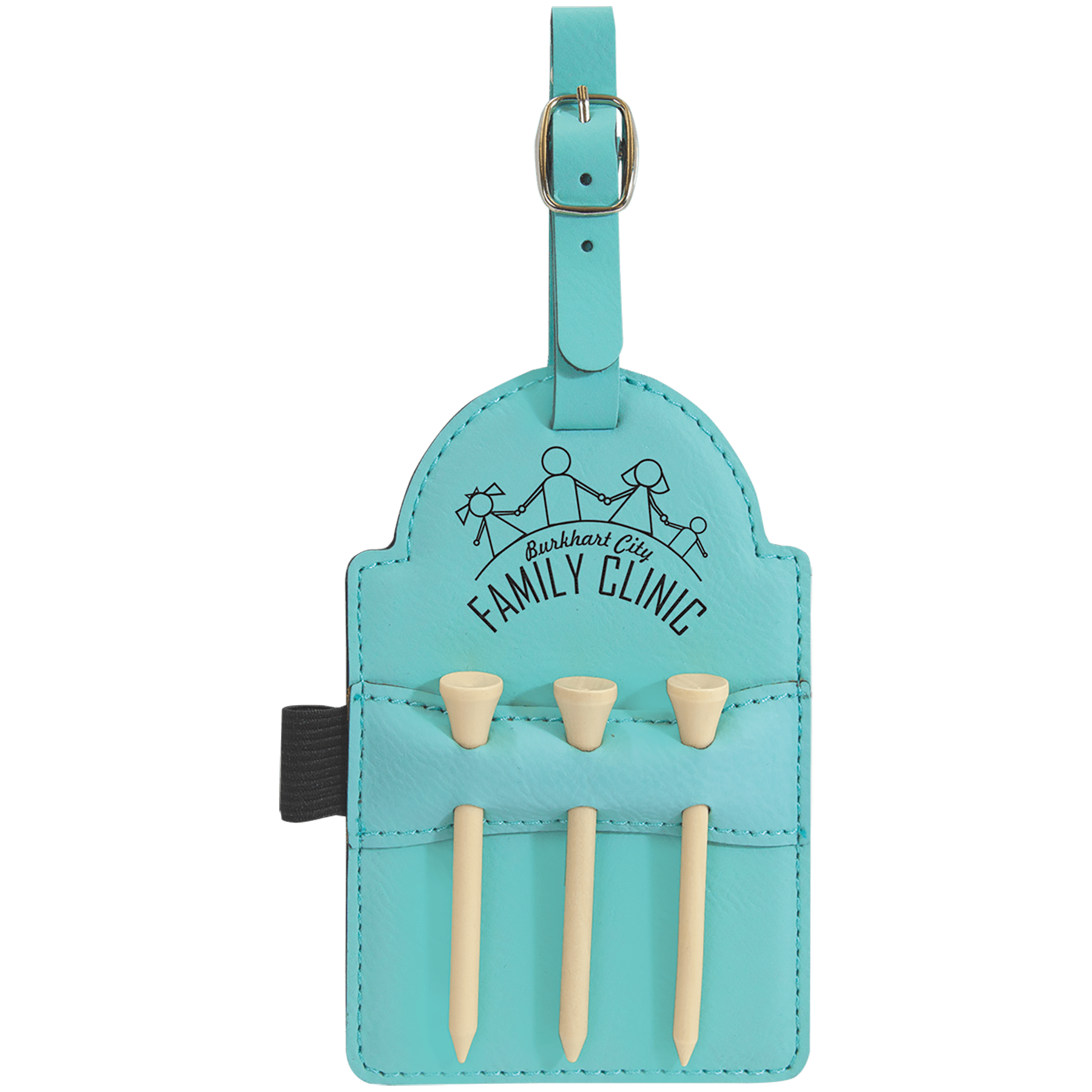 Teal 5" x 3 1/4" Laserable Leatherette Golf Bag Tag with 3 Wooden Tees