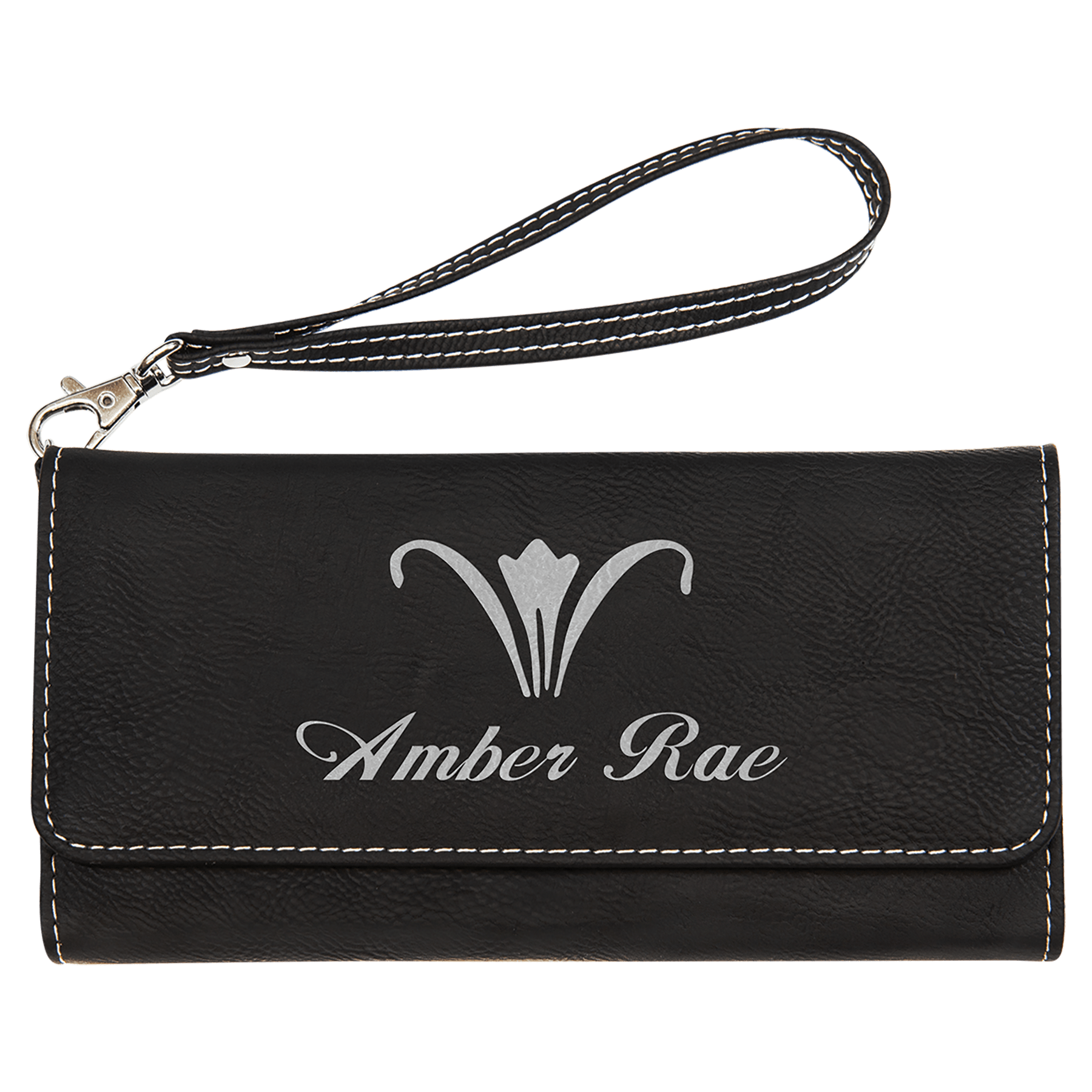Black/Silver 7 1/2" x 4" Laserable Leatherette Wallet with Strap