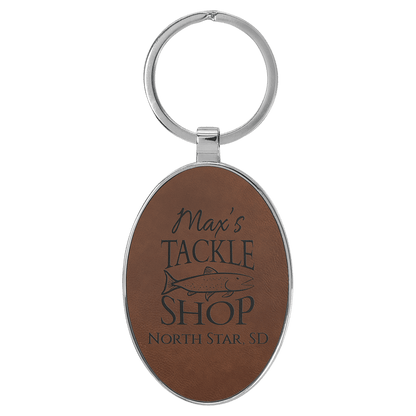 Dark Brown 3" x 1 3/4" Laserable Leatherette/Metal Oval Keychain