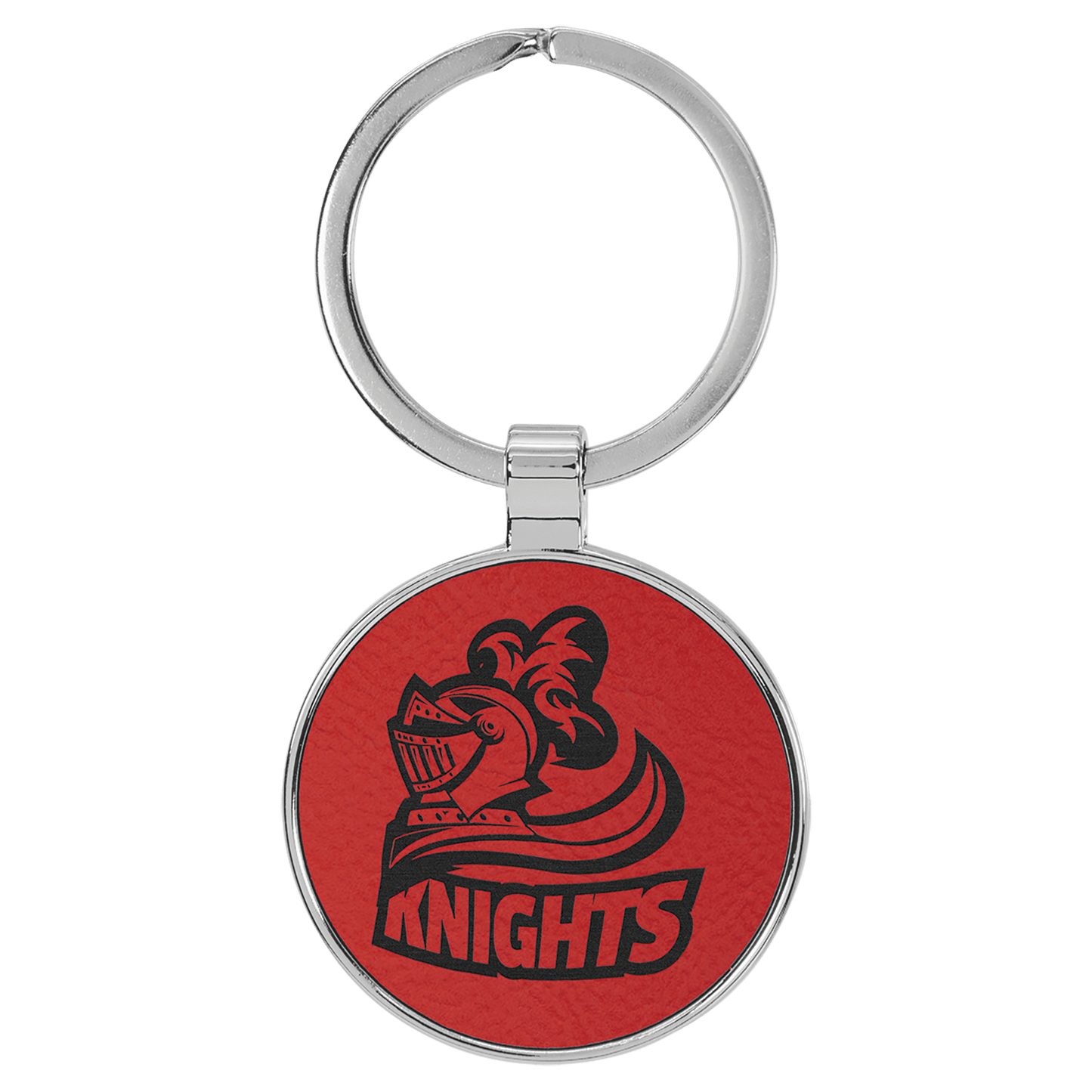 Red 1 1/2" Laserable Leatherette/Metal Round Keychain