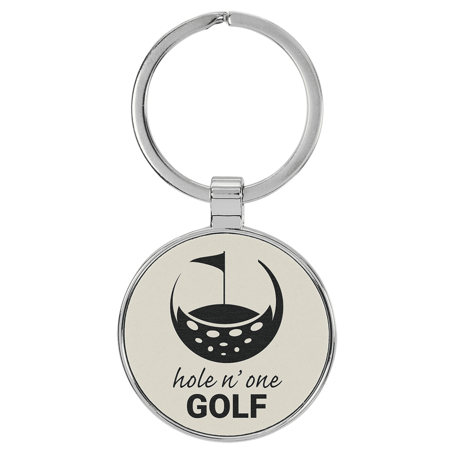 White 1 1/2" Laserable Leatherette/Metal Round Keychain