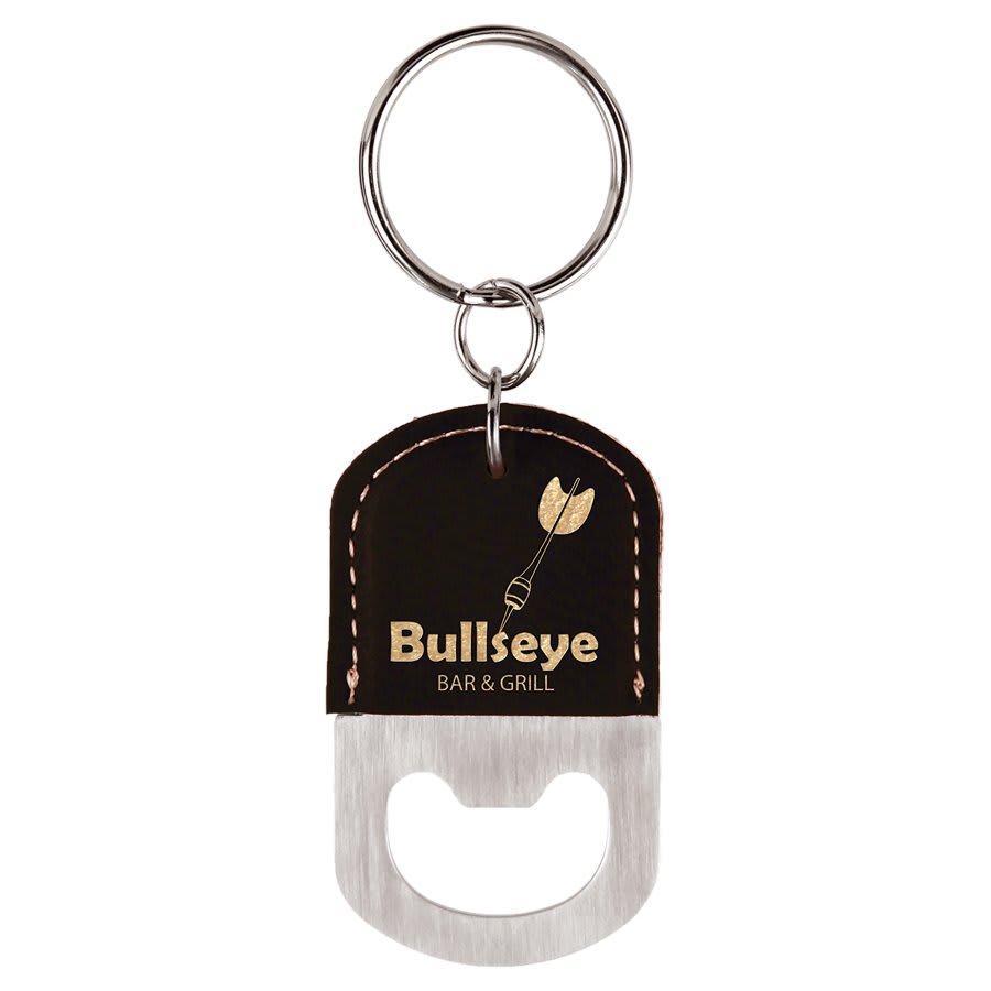 Black/Gold Oval Laserable Leatherette Bottle Opener Keychain