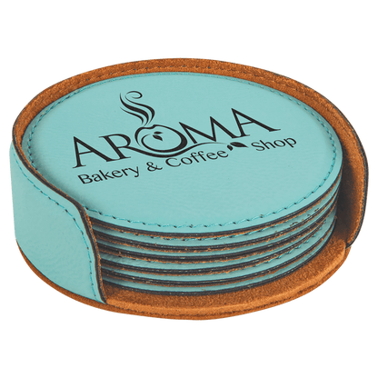 Teal 4" Round Laserable Leatherette 6-Coaster Set