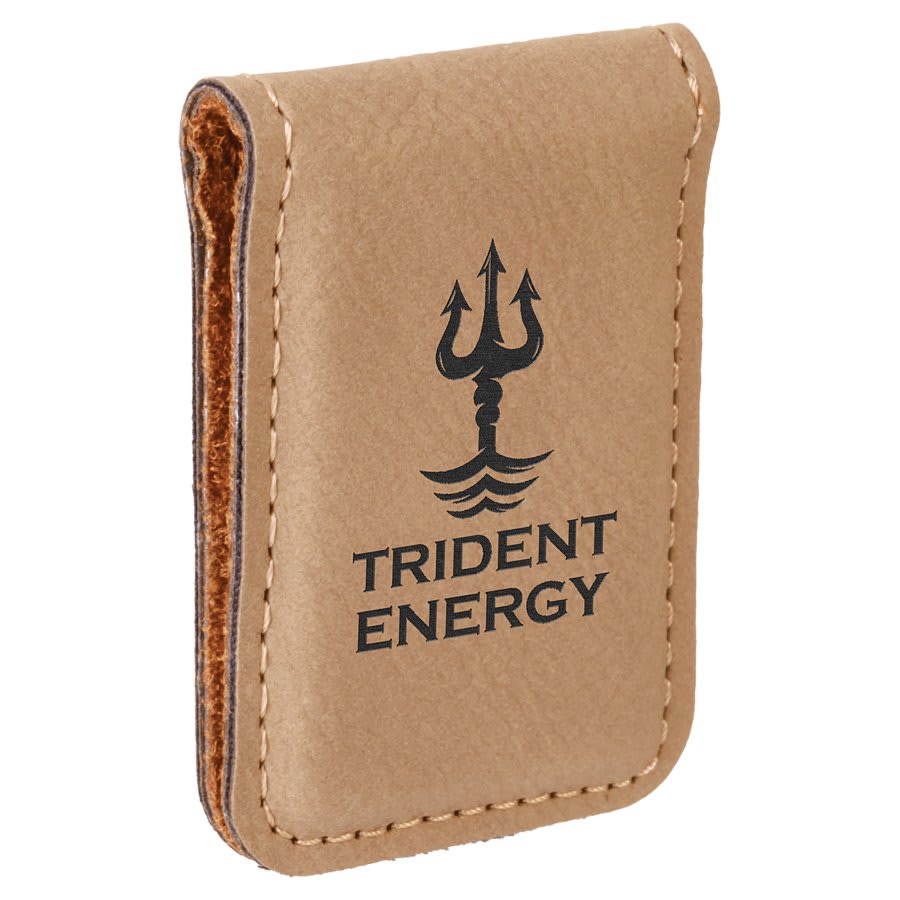 Light Brown 1 3/4" x 2 1/2" Laserable Leatherette Money Clip