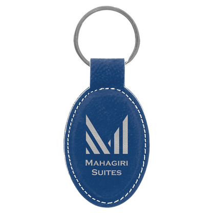 Blue/Silver 3" x 1 3/4" Laserable Leatherette Oval Keychain