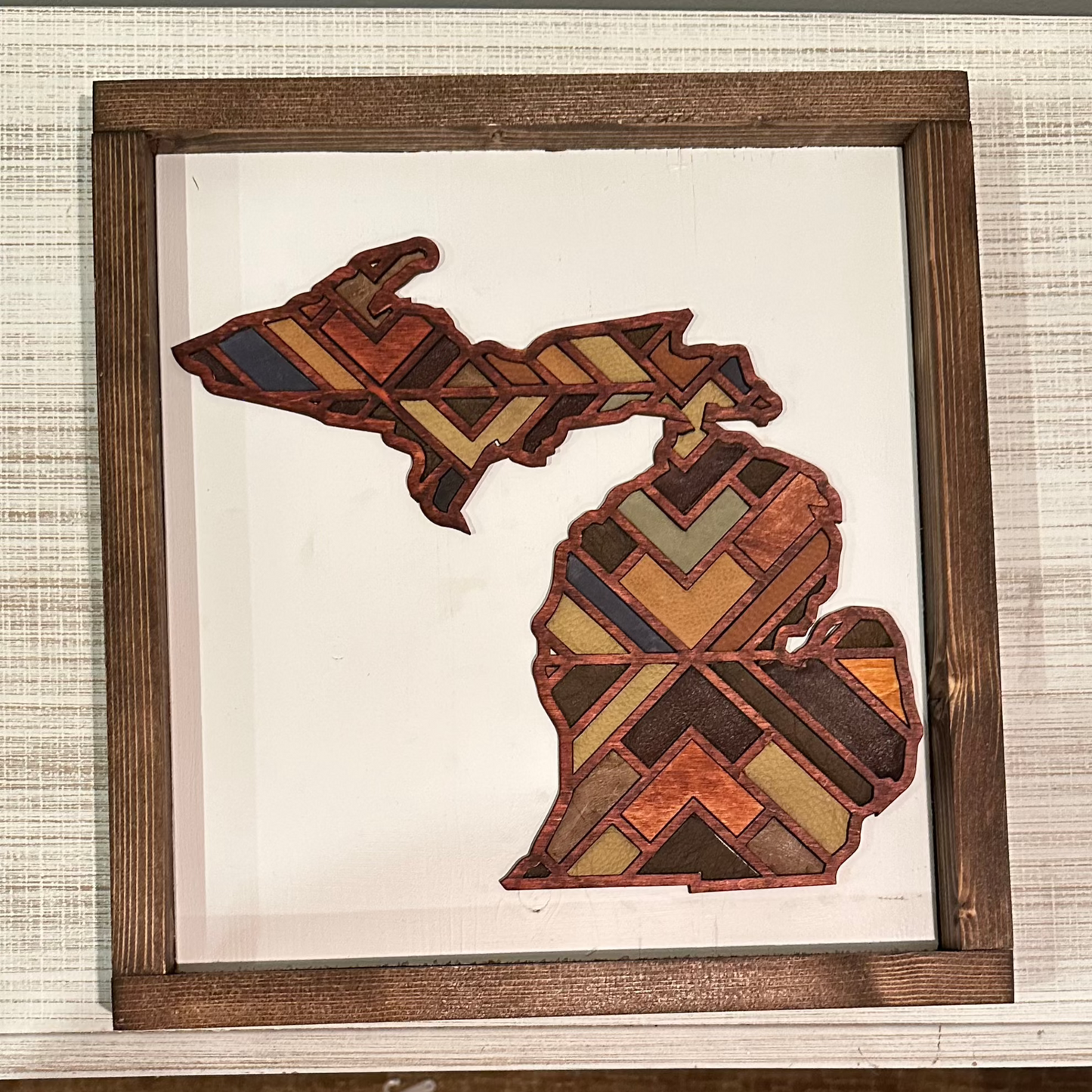 Leather and Wood Mosaic Michigan Wood Sign