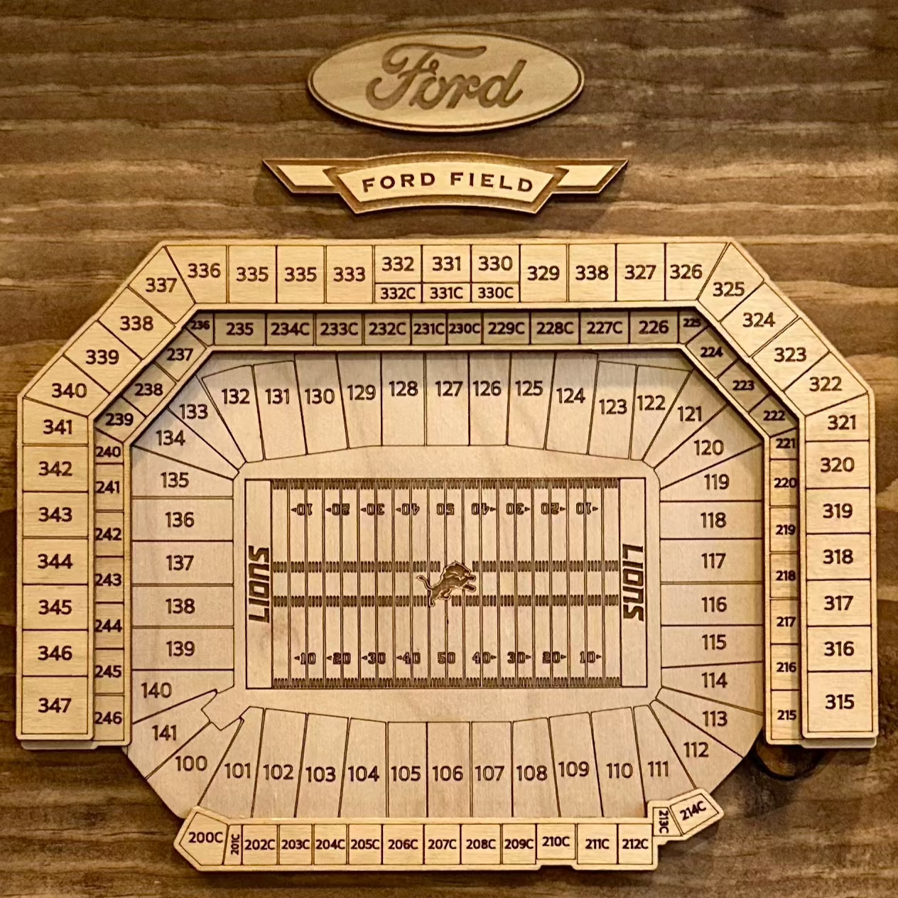 Ford Field with Detroit Lions Logo 3D Wood Sign - 12"x12"