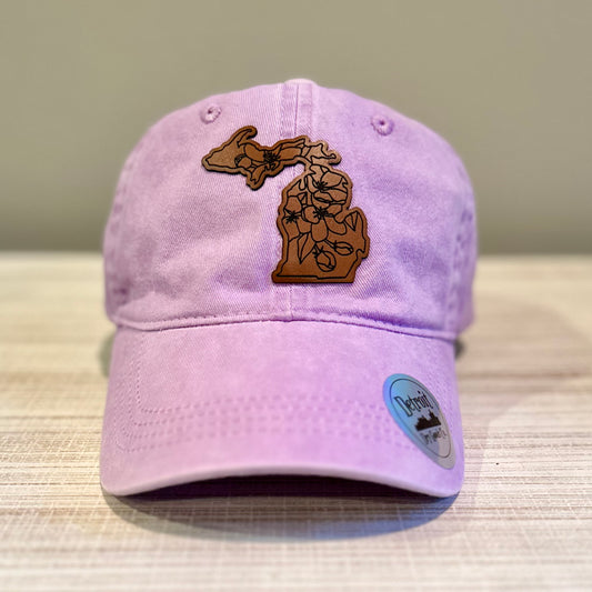 Michigan Apple Blossom Leatherette Patch Dad Hat – Pastel Purple