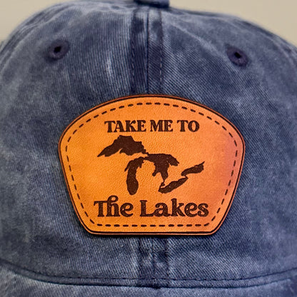 "Take Me to the Lakes" Genuine Leather Patch Dad Hat – Vintage Blue