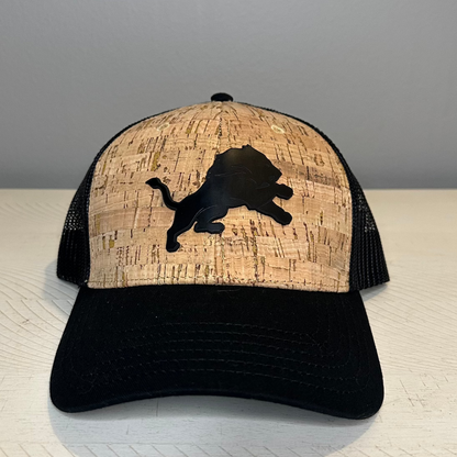 Detroit Lion Black on Black Leather Cork Snapback Hat – Unique Cork Front with Black Mesh