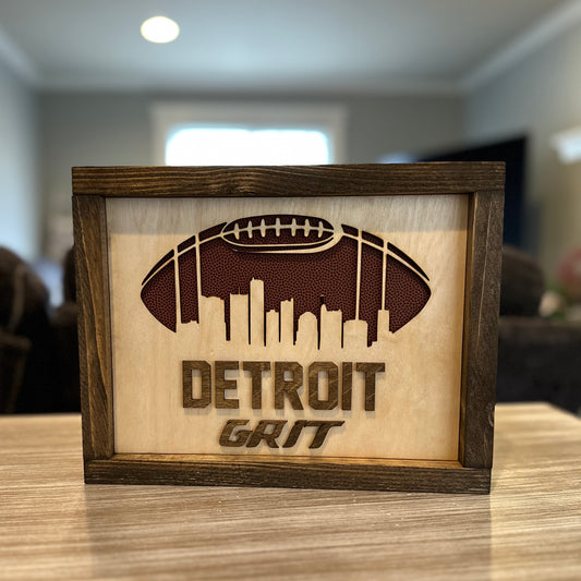 Detroit Grit Layered Football Wood Sign - 11"x9"