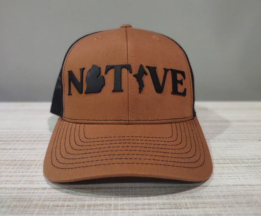 Michigan Native UP and LP Leatherette Detail Snap Back Hat - Carmel and Black