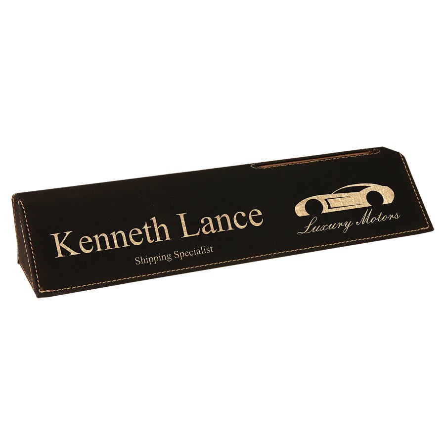 Black/Gold 10 1/2" Laserable Leatherette Desk Wedge with Business Card Holder