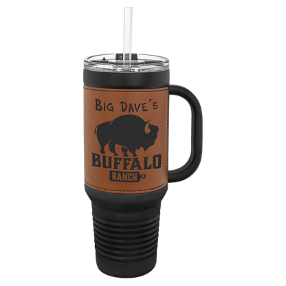 Black Rawhide Polar Camel 40 oz. Laserable Leatherette Travel Mug with a Handle & Straw