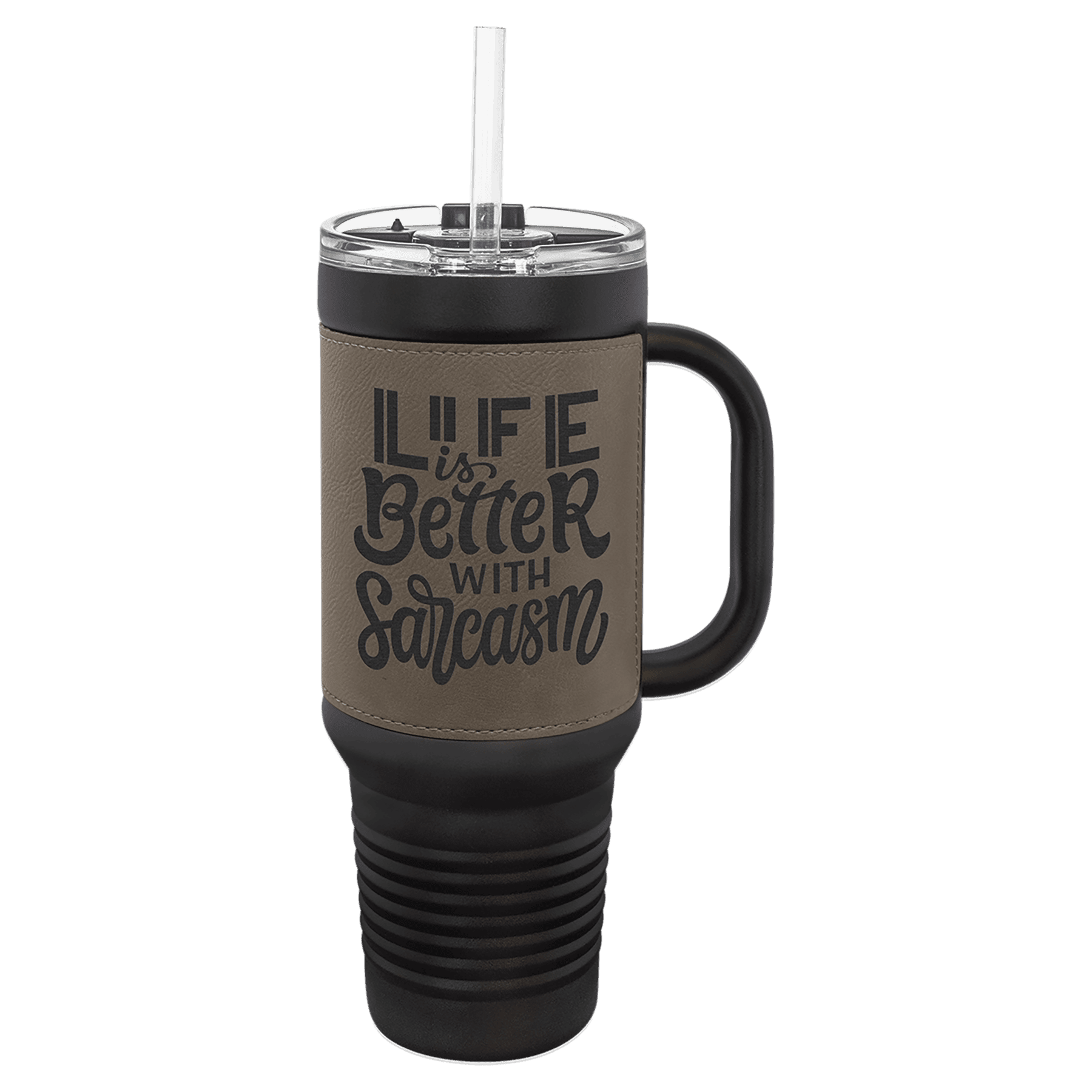 Black Gray Polar Camel 40 oz. Laserable Leatherette Travel Mug with a Handle & Straw