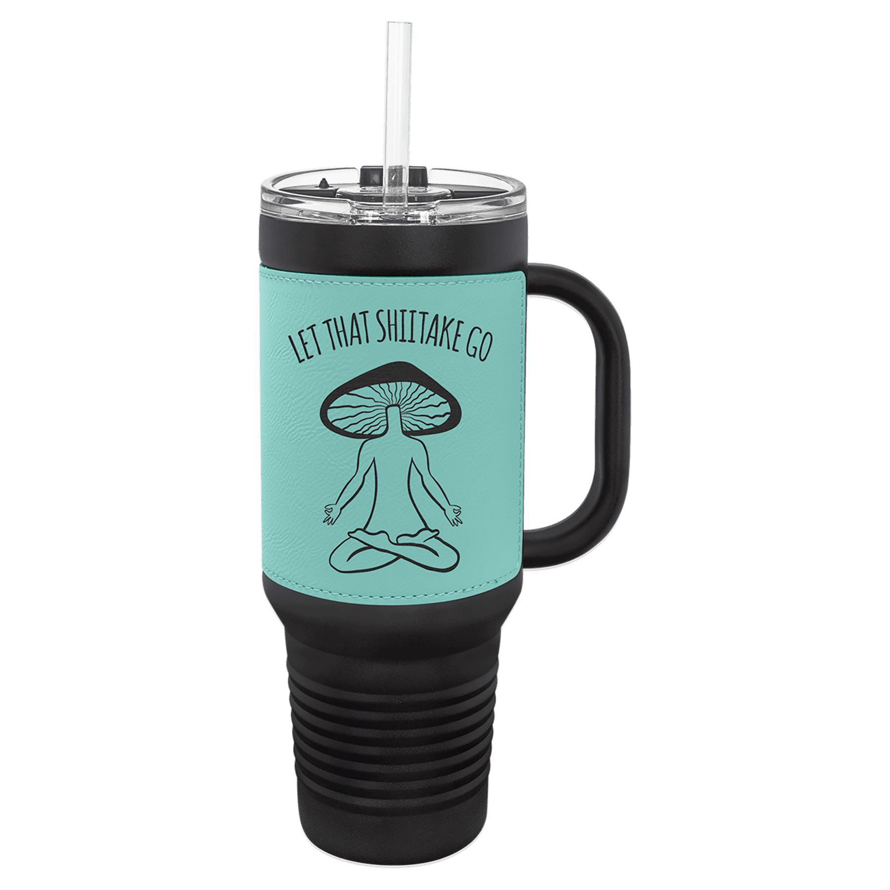 Black Teal Polar Camel 40 oz. Laserable Leatherette Travel Mug with a Handle & Straw