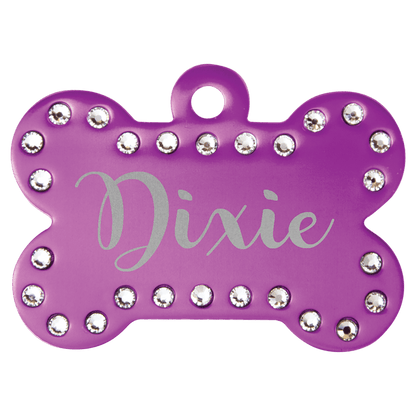 Purple 1 1/2" x 1" Laserable Anodized Aluminum Swarovski Bling Bone with Tab