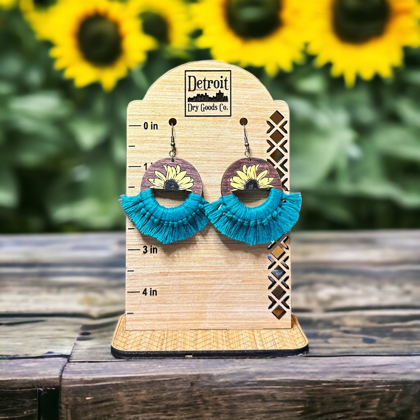 Sunflower and Teal Wood Macrame Dangle Earrings