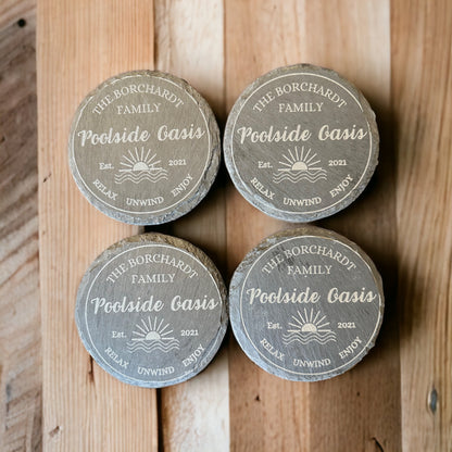 Set of Four Customized Poolside Oasis 4" Slate Laser Engraved Round Coasters - Last Name Pool Coasters