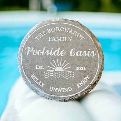 Set of Four Customized Poolside Oasis 4" Slate Laser Engraved Round Coasters - Last Name Pool Coasters