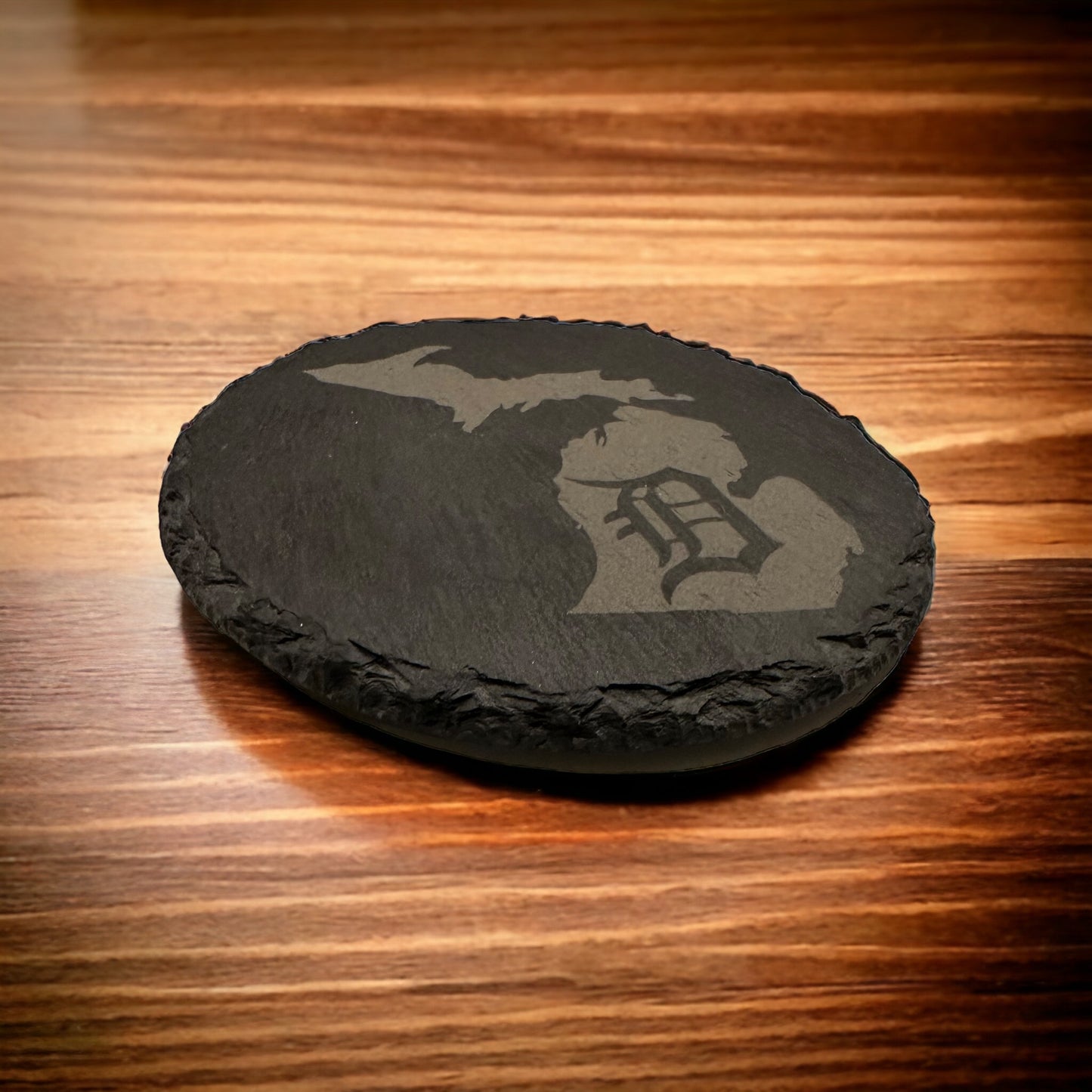 Set of Four Michigan with Detroit D 4" Slate Laser Engraved Round Coasters