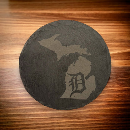 Set of Four Michigan with Detroit D 4" Slate Laser Engraved Round Coasters