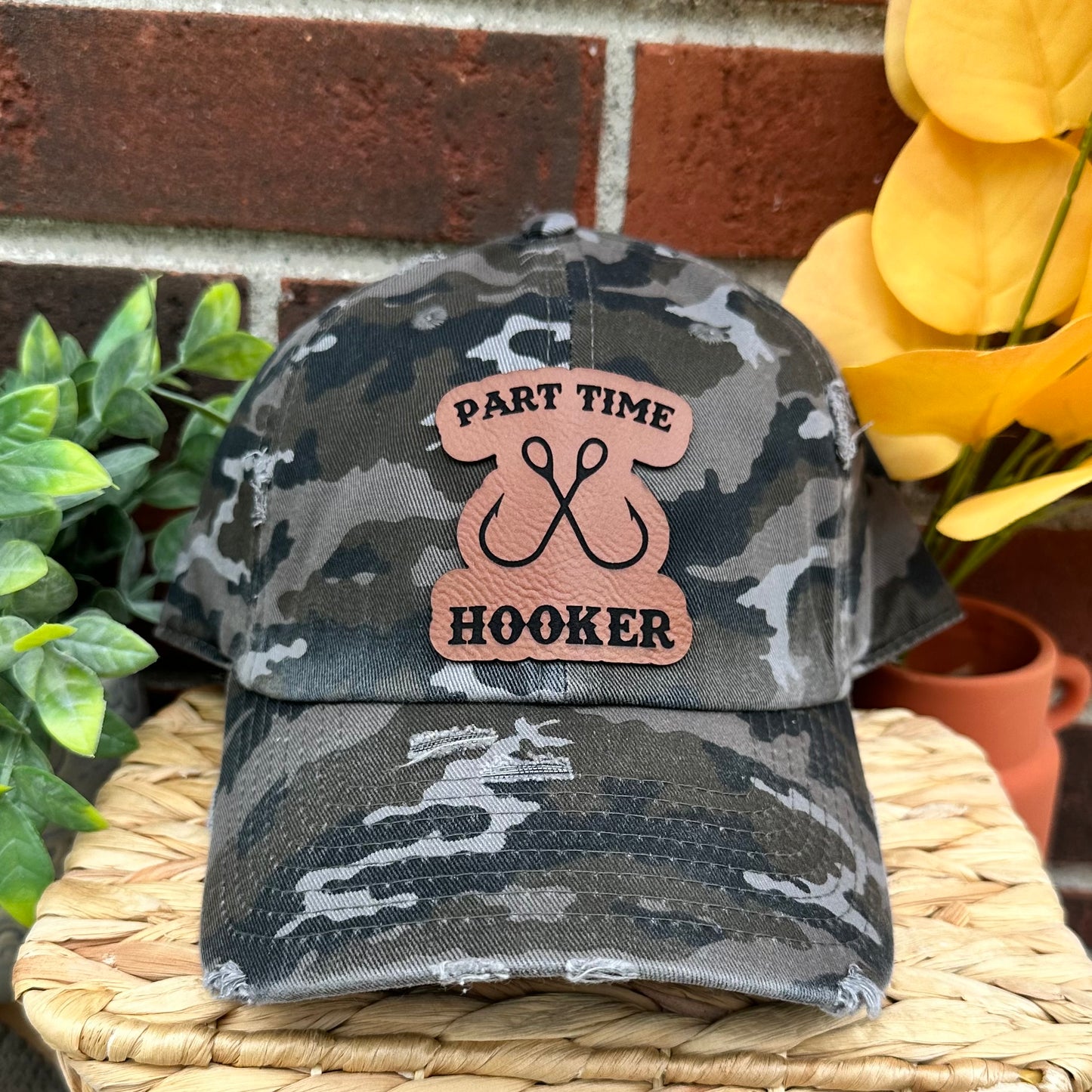 Part Time Hooker Distressed Camo Leather Patch Hat