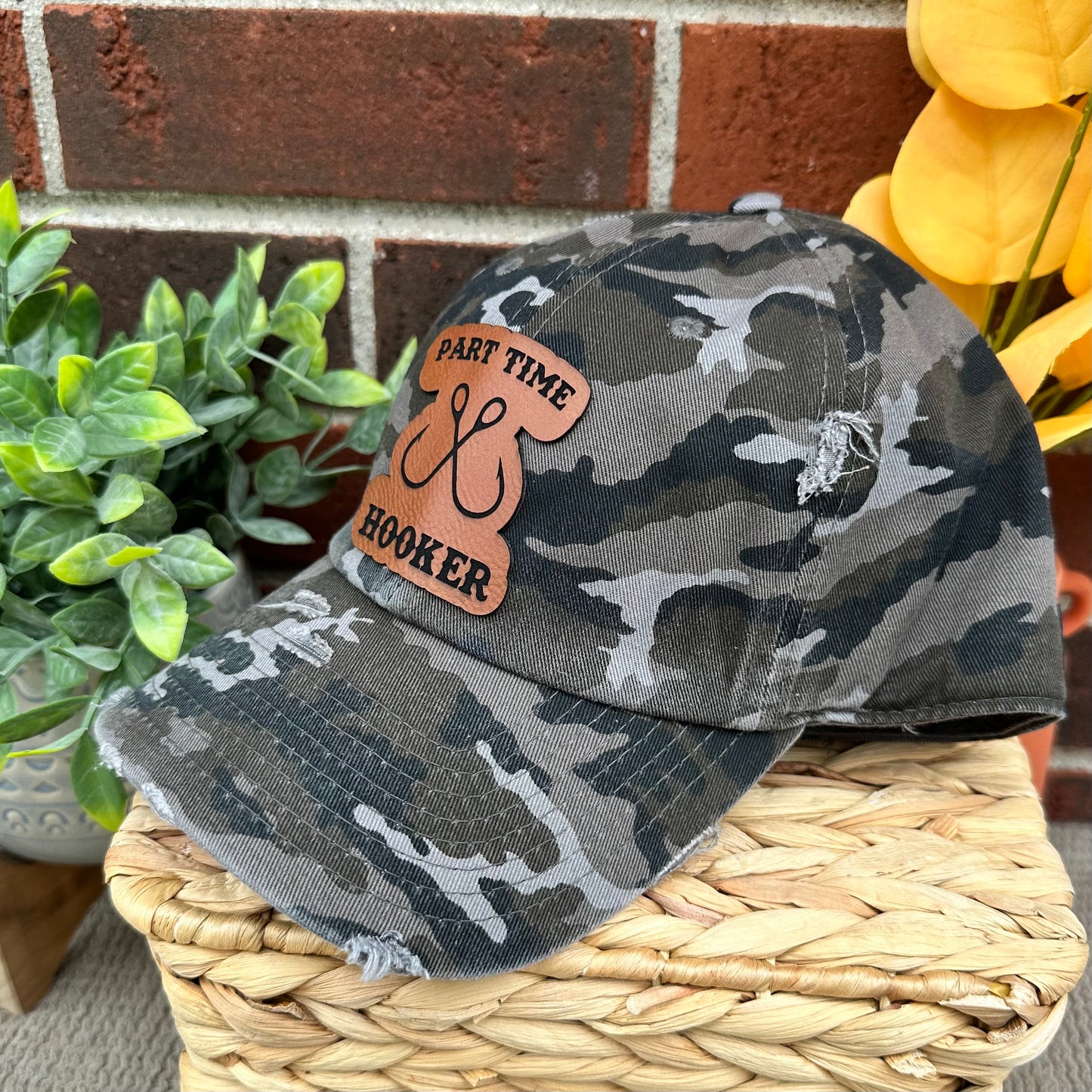 Part Time Hooker Distressed Camo Leather Patch Hat