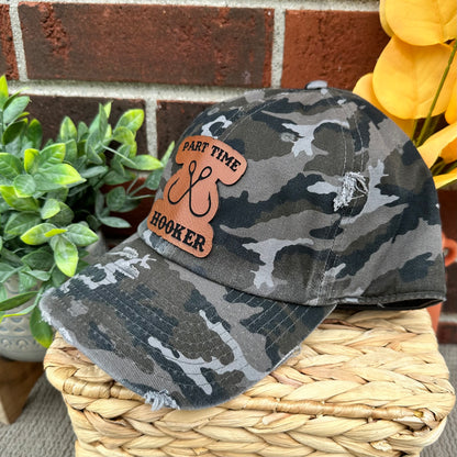 Part Time Hooker Distressed Camo Leather Patch Hat