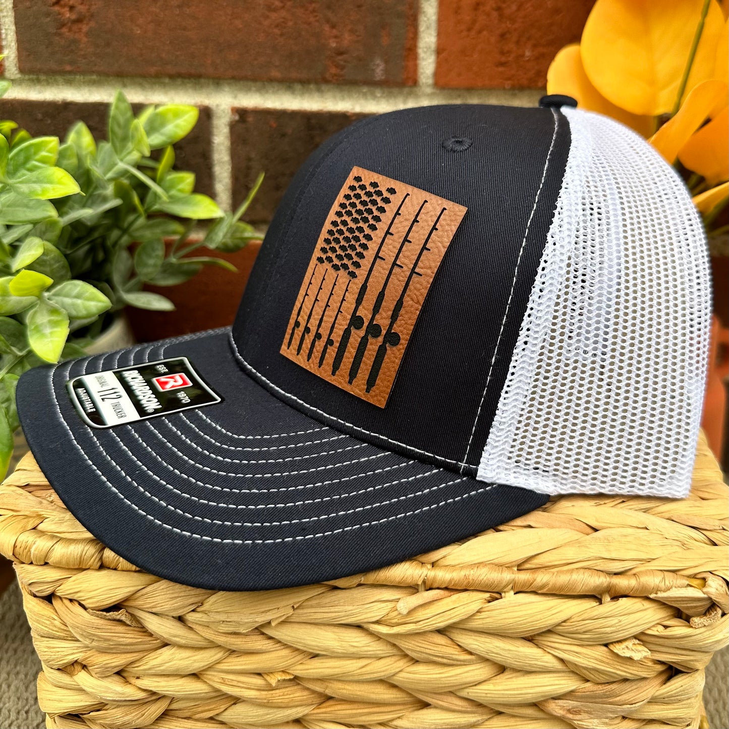 American Flag Fishing Rods Leatherette Patch Snap Back