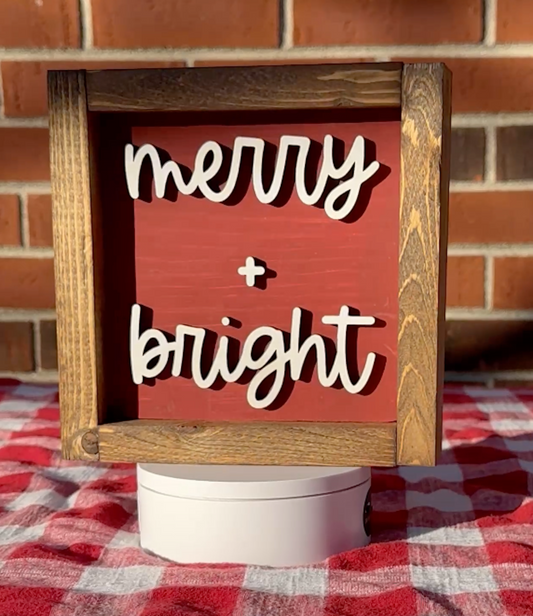 Merry + Bright Christmas Rustic 3D Wood Sign