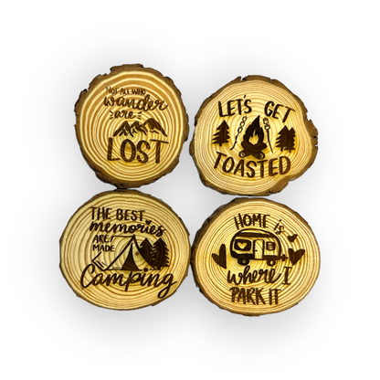 Set of Four Rustic Live-Edge Wood Camping Coasters