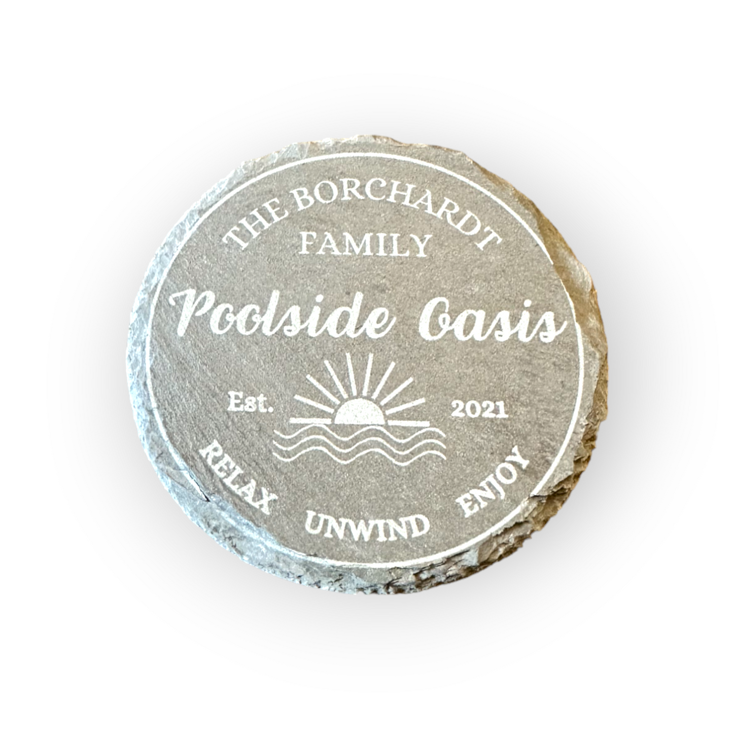Set of Four Customized Poolside Oasis 4" Slate Laser Engraved Round Coasters - Last Name Pool Coasters
