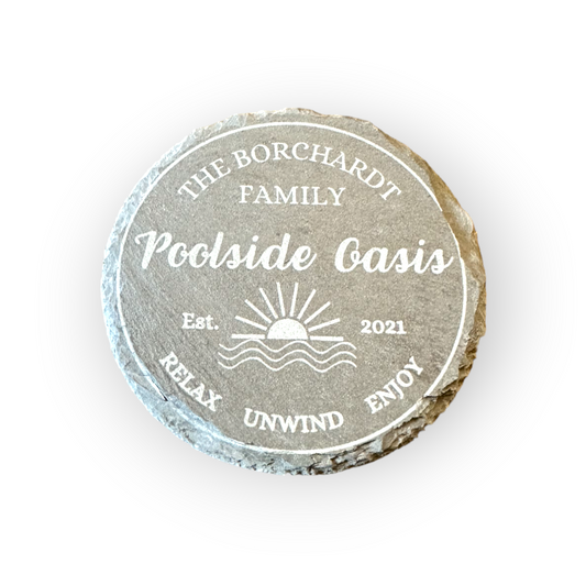 Set of Four Customized Poolside Oasis 4" Slate Laser Engraved Round Coasters - Last Name Pool Coasters