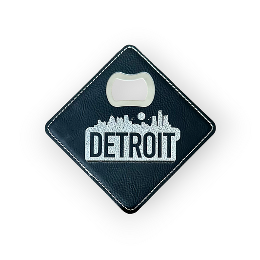 Detroit City Skyline Leather Coaster with Stainless Steel Bottle Opener