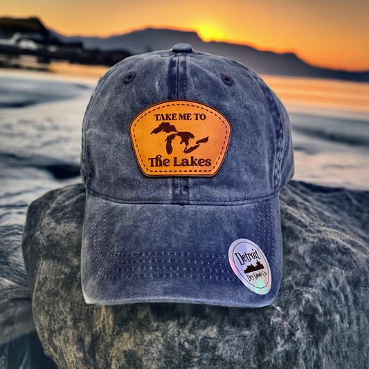 "Take Me to the Lakes" Genuine Leather Patch Dad Hat – Vintage Blue